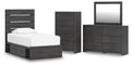 Hollivern - 4 Pc. - Twin Panel Storage Bed, Dresser, Mirror And Chest - Dark Gray