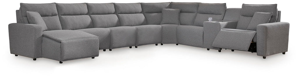 Modmax II - 8-Piece Power Reclining Sectional With LAF Press Back Power Chaise And Console - Salt And Pepper