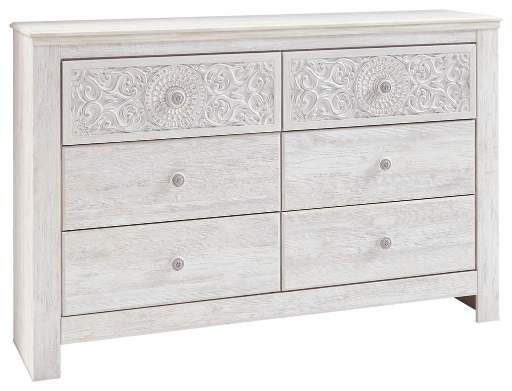 Paxberry - Dresser, Mirror - Medallion Drawer Pulls - Whitewash