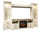 Willowton - Entertainment Center - TV Stand With Faux Firebrick Fireplace Insert - Whitewash