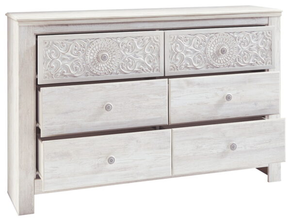 Paxberry - Whitewash - Six Drawer Dresser - Medallion Drawer Pulls - Image 4