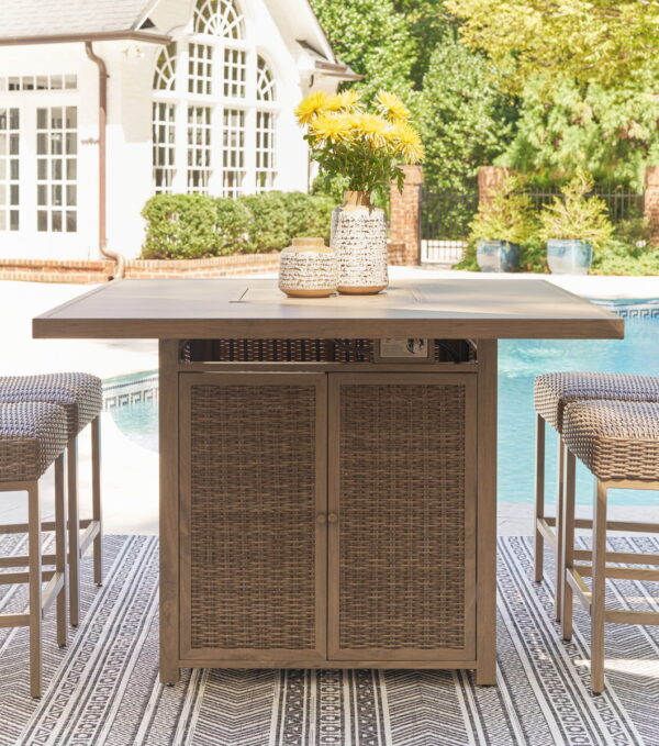 Walton Bridge - Driftwood - 5 Pc. - Square Bar Table W/Fire Pit, 4 Barstools - Image 2