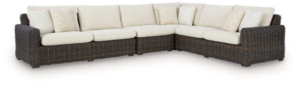 Kimora - Beige / Dark Brown - 7 Pc. - 4-Piece Outdoor Sectional, Swivel Glider Lounge, Cocktail Table, End Table - Image 3